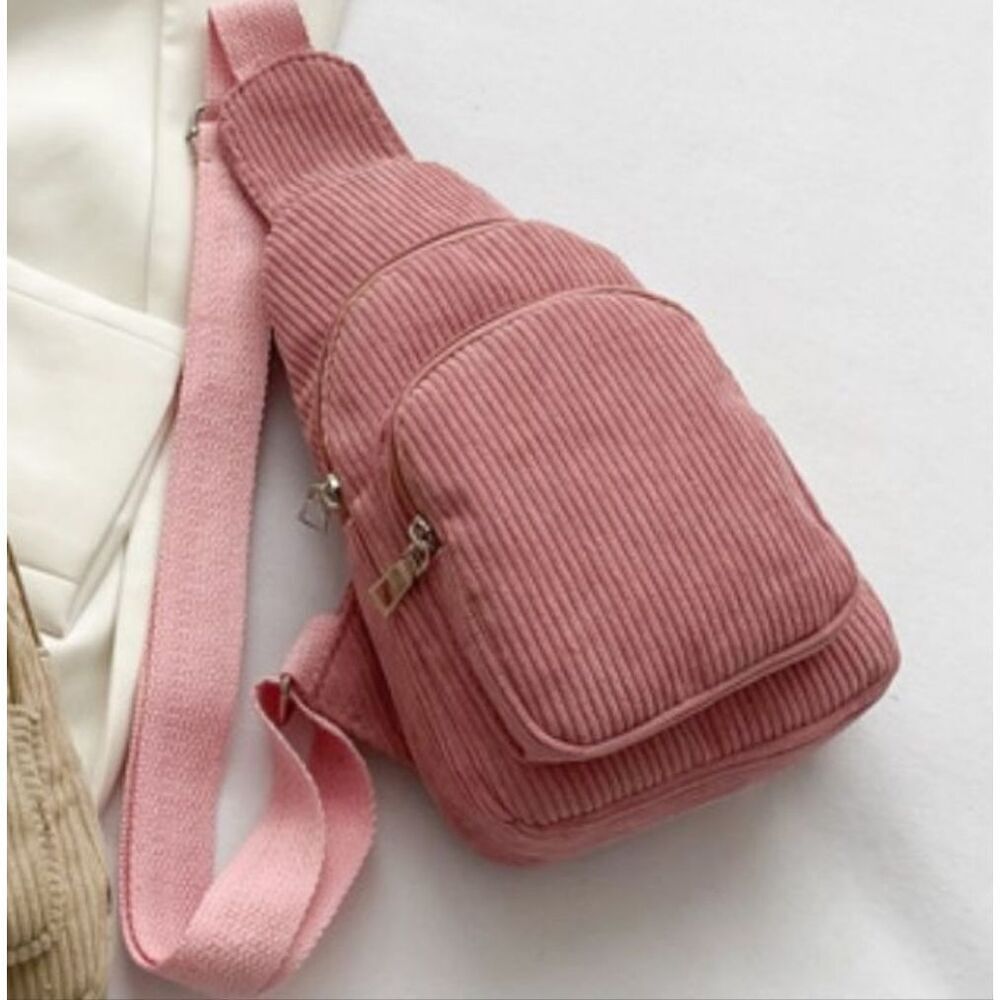 Stylish Pink Corduroy Small Multi-Pocket Sling Bag